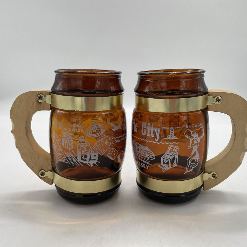 2 Vintage Atlantic City New Jersey Amber Glass Mugs w/Wood Handle 5”